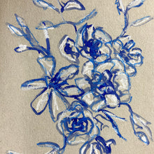 Load image into Gallery viewer, Close up of Floral bone china painting created with watercolour and oil pastel, showcasing delicate blossoms in vivid colours, presented in an oak-style frame, 14.5cm x 21.5cm in size