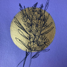Load image into Gallery viewer, Gold moon painting crafted with gold and purple acrylics, featuring a detailed lavender drawing on top, capturing the vivid colours and intricate beauty of nature.