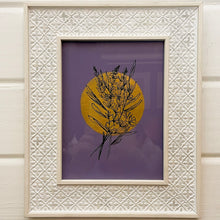 Load image into Gallery viewer, Gold moon painting crafted with gold and purple acrylics, featuring a detailed lavender drawing on top, capturing the vivid colours and intricate beauty of nature in a carved wooden frame