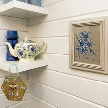 Load image into Gallery viewer, Floral bone china painting created with watercolour and oil pastel, showcasing delicate blossoms in vivid colours, presented in an oak-style frame, 14.5cm x 21.5cm in size