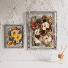 Load image into Gallery viewer, Set of 2 Bespoke handmade pressed flower frame featuring personally picked and arranged flowers, set in a hand-soldered silver frame, perfect for celebrating special moments and adding elegance to any home