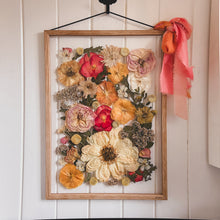Load image into Gallery viewer, Bright an colourful, A3 bespoke handmade bridal bouquet of pressed flowers, crafted into the frame.
