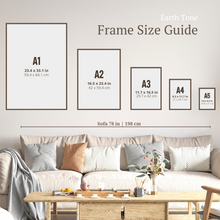 Load image into Gallery viewer, This is a Poster Size Guide showcasing international paper sizes A0 to A5 in a visually appealing real-life setting. It provides a clear comparison of sizes on the wall