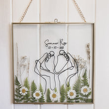 Load image into Gallery viewer, close up of Bespoke handmade pressed flower gold frame celebrating new life, featuring delicately pressed flowers of your choice, making it an ideal gift for expectant mothers and loved ones, beautifully capturing the essence of nature and new beginnings.