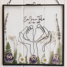 Load image into Gallery viewer, close up of Bespoke handmade pressed flower black frame celebrating new life, featuring delicately pressed flowers of your choice, making it an ideal gift for expectant mothers and loved ones, beautifully capturing the essence of nature and new beginnings