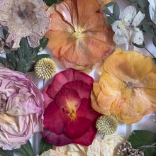 Load and play video in Gallery viewer, A close up of Bright an colourful, A3 bespoke handmade bridal bouquet of pressed flowers, crafted into the frame.