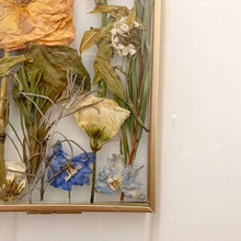 Load image into Gallery viewer, Close up of Bespoke handmade meadow frame showcasing delicately pressed wildflowers, capturing the essence of nature in sustainable gold frame
