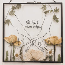 Load image into Gallery viewer, Bespoke handmade pressed flower frame, meticulously crafted with your choice of pressed flowers, in a stylish black double glass frame measuring 26x26cm, offering a personalised way to commemorate cherished memories and create a lasting tribute.